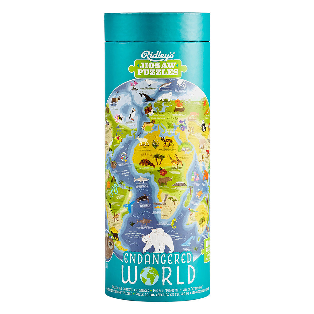 Front of Endangered World Puzzle tube with illustrated animals from around the world on a map on white background