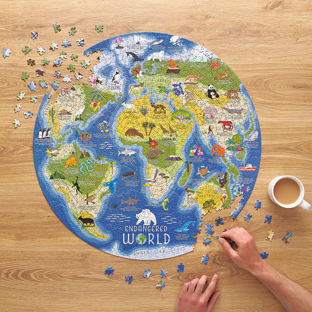 Cardboard, circular Endangered World Puzzle being completed with pieces and puzzle on a brown table next to a cup of tea.