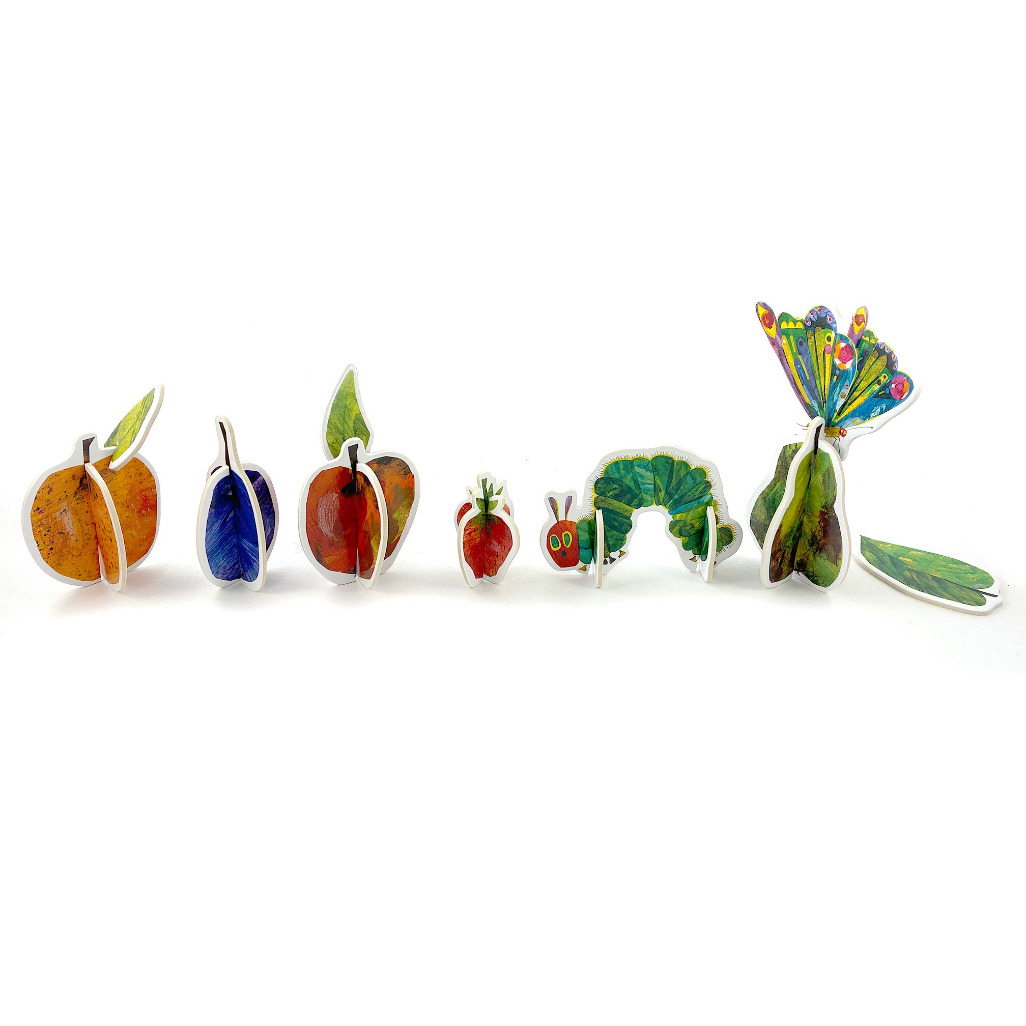 The Very Hungary Caterpillar Playset pop out parts assembled and lined up