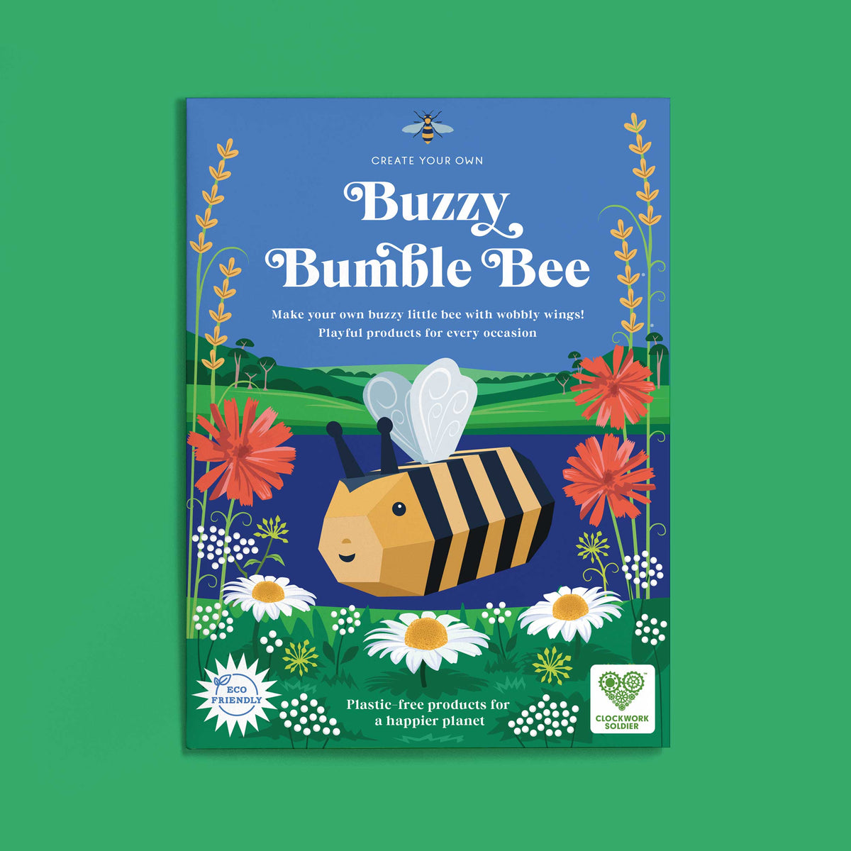 buzzy bumble bee flat pack front on green surface