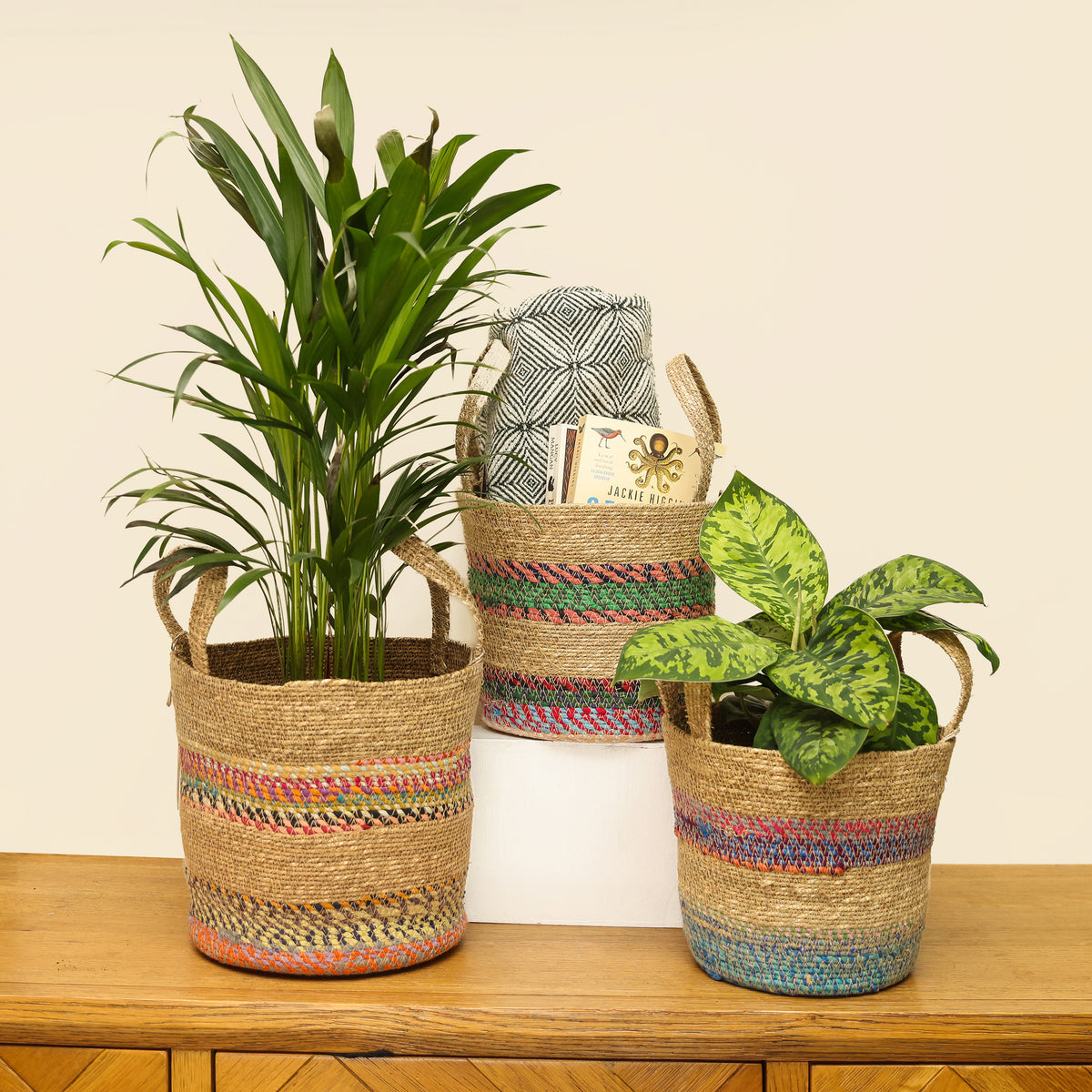 Munja And Reclaimed Fabric Eco Plant Baskets With Handles – Set Of 3