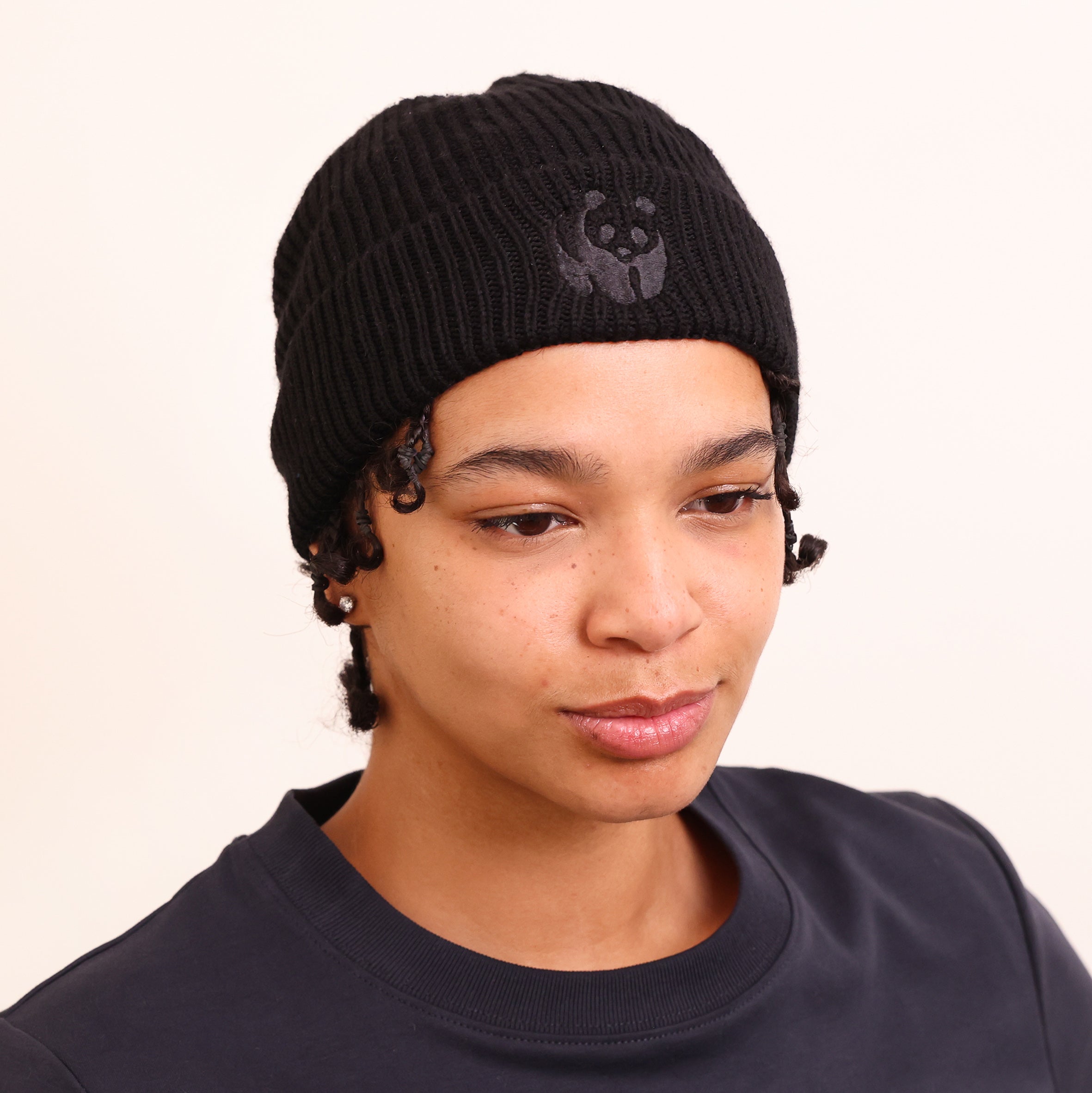 Merino Wool Panda Beanie Hat - Black