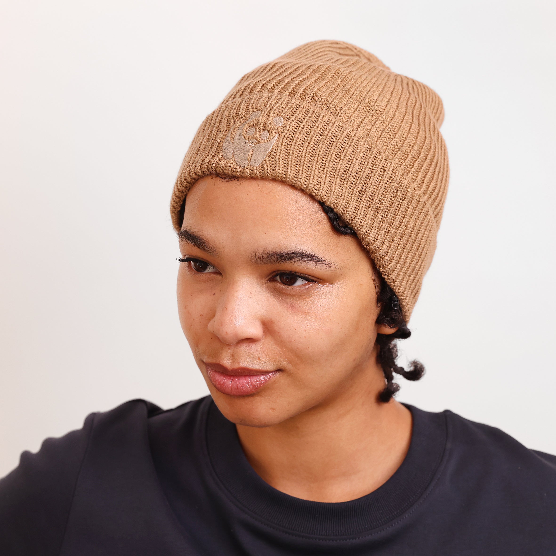 Merino Wool Panda Beanie Hat - Camel
