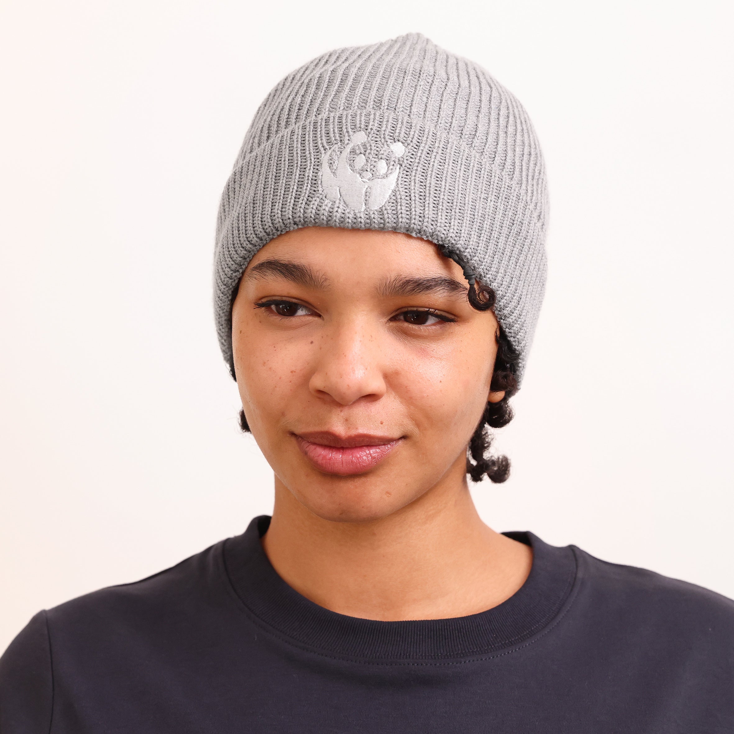 Merino Wool Panda Beanie Hat - Grey