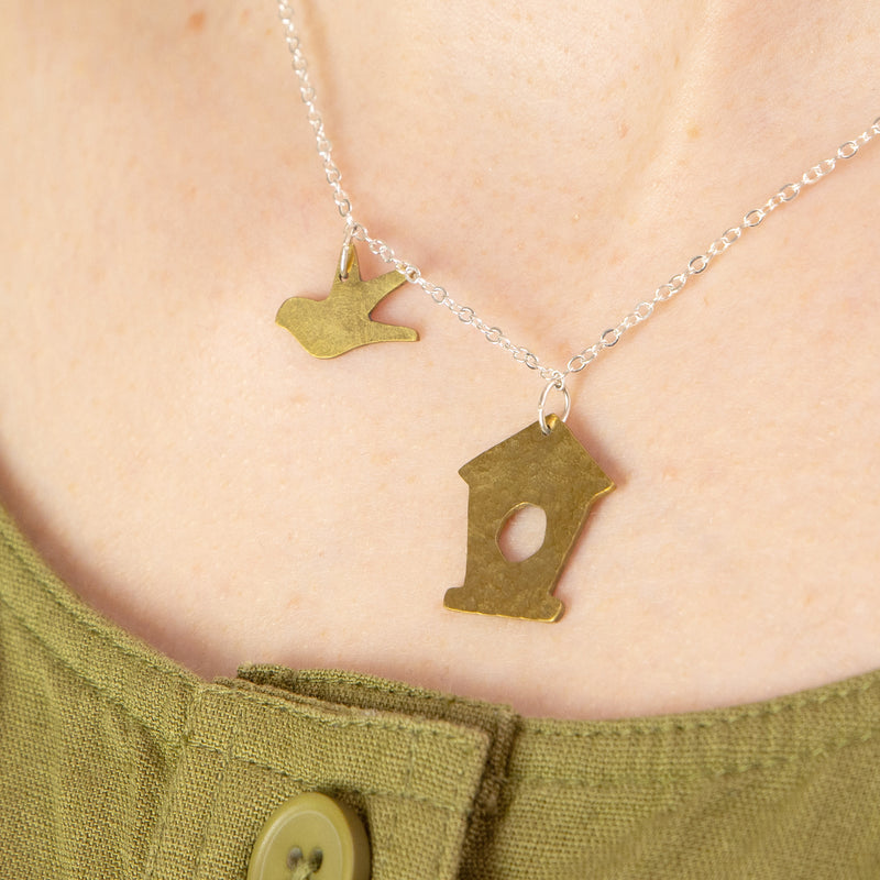 Brass Swallow and Bird Box Necklace