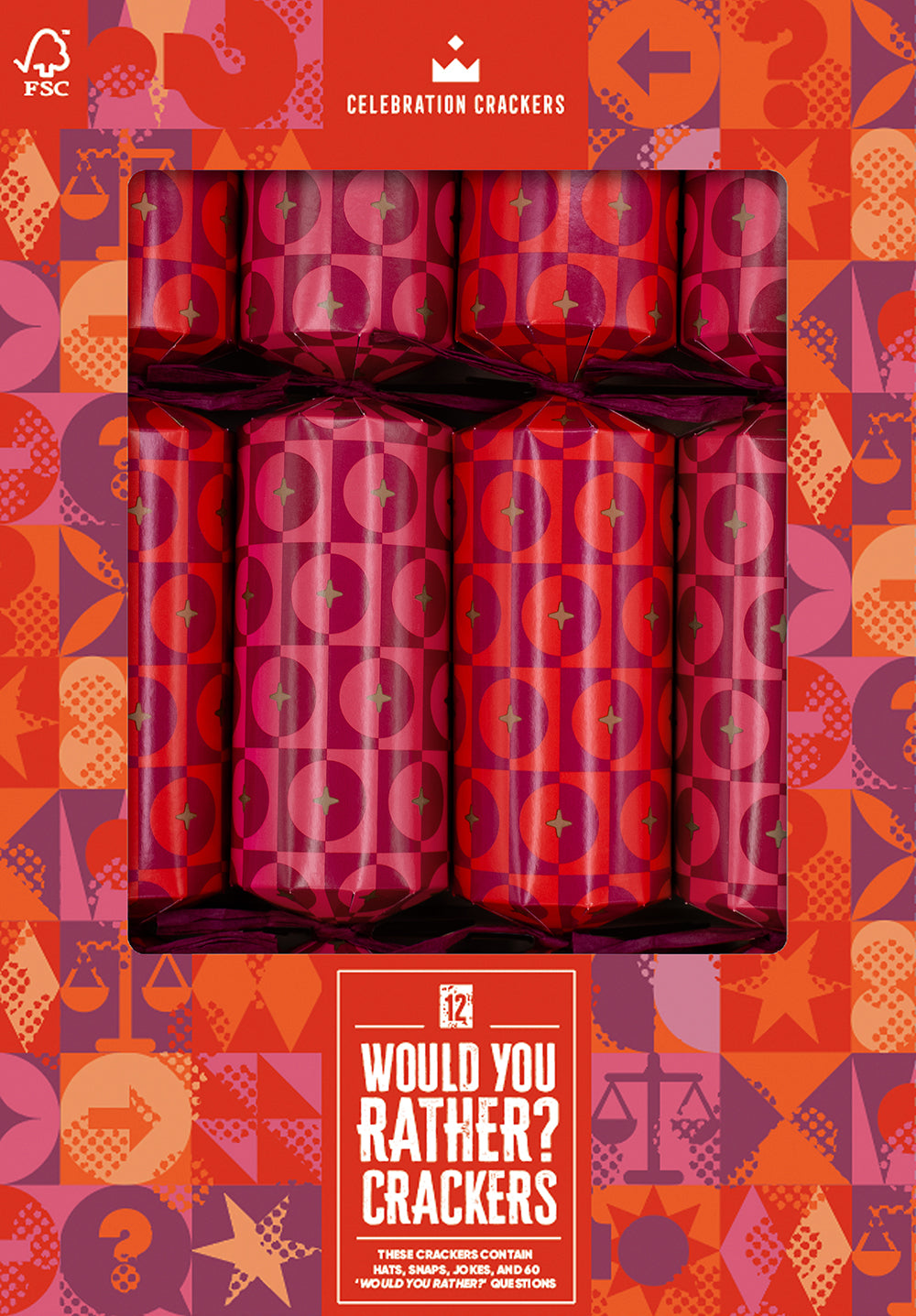 Front view of Would you Rather game cardboard crackers in red