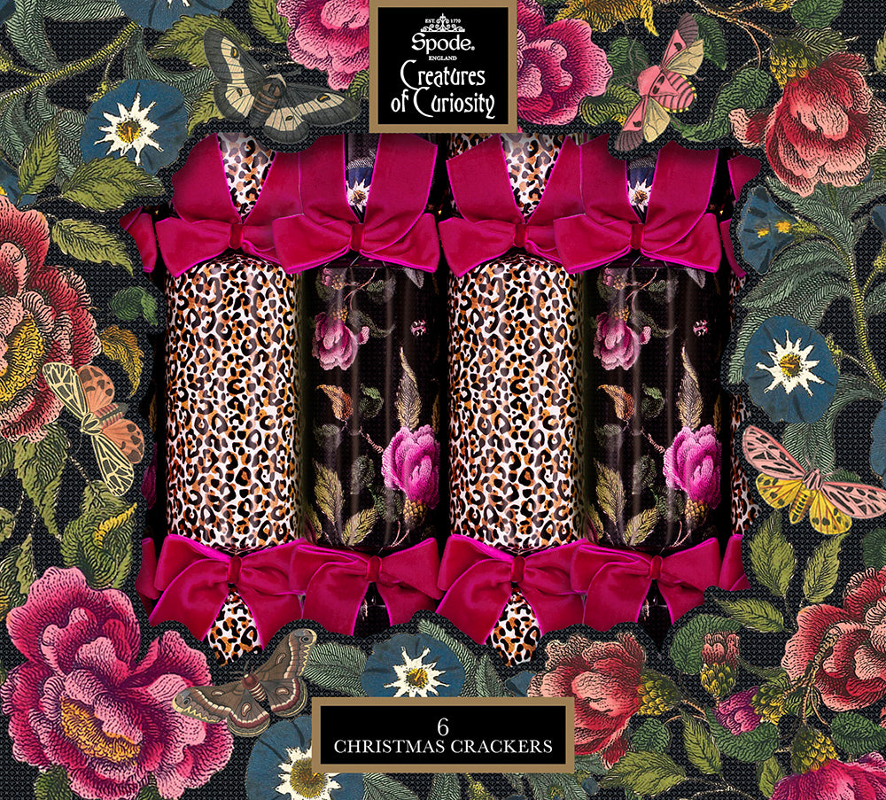 Front view of 6 cardboard Creatures of Curiosity crackers, with nature print and print velvet ribbons