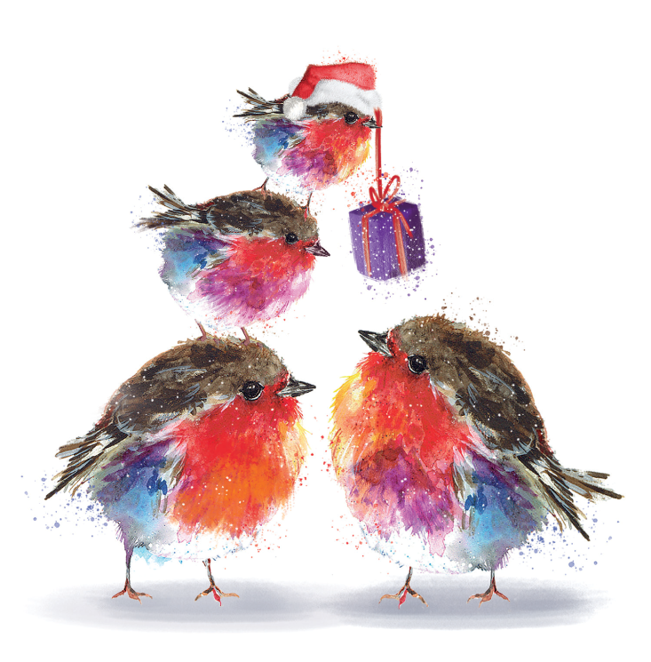 Close up of another lovely robin design with robin family; 3 robins standing on top of each other passing a purple wrapped gift down by the red ribbon to the waiting adult.