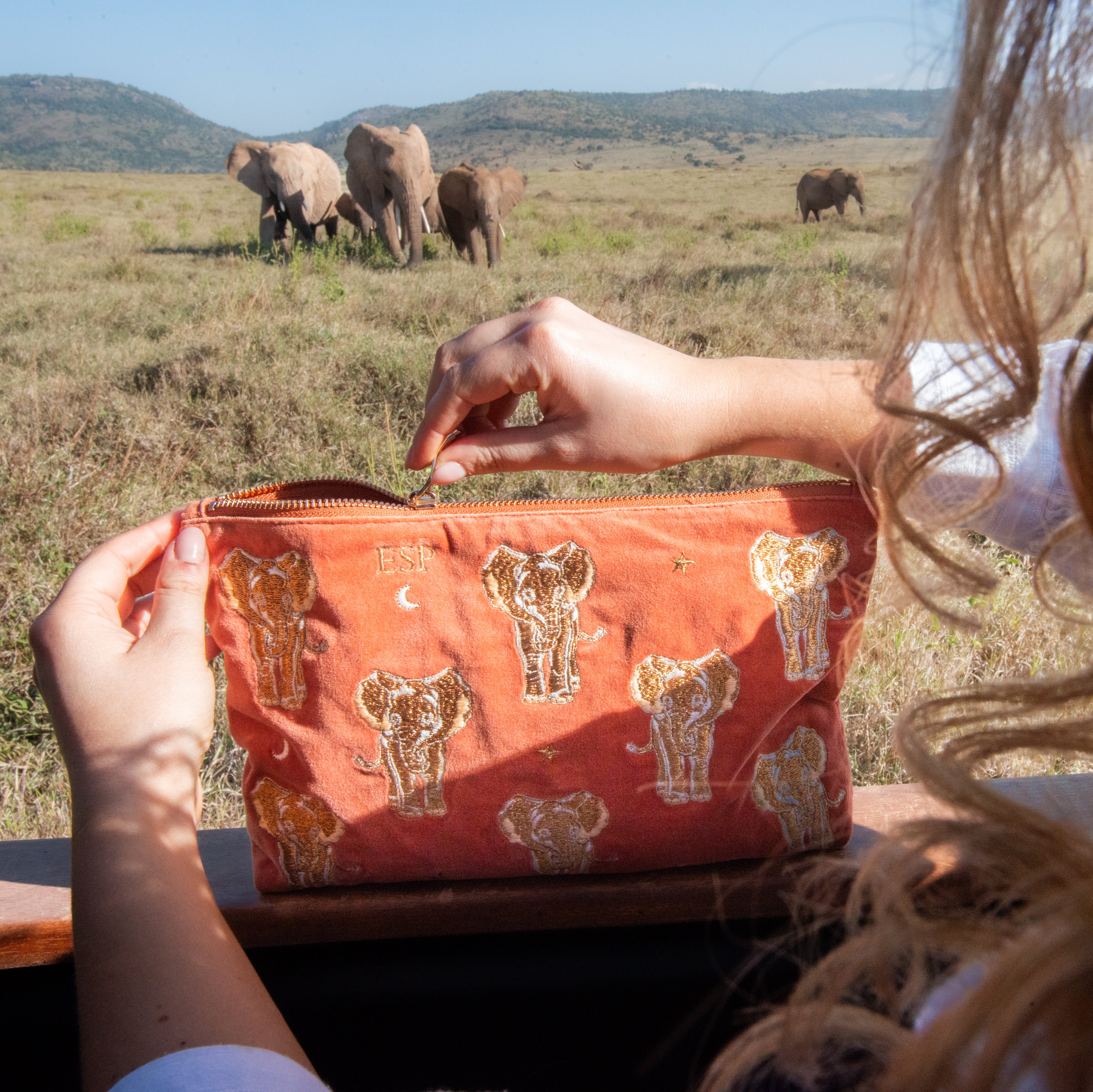 Golden Elephants Everyday Pouch - Rust