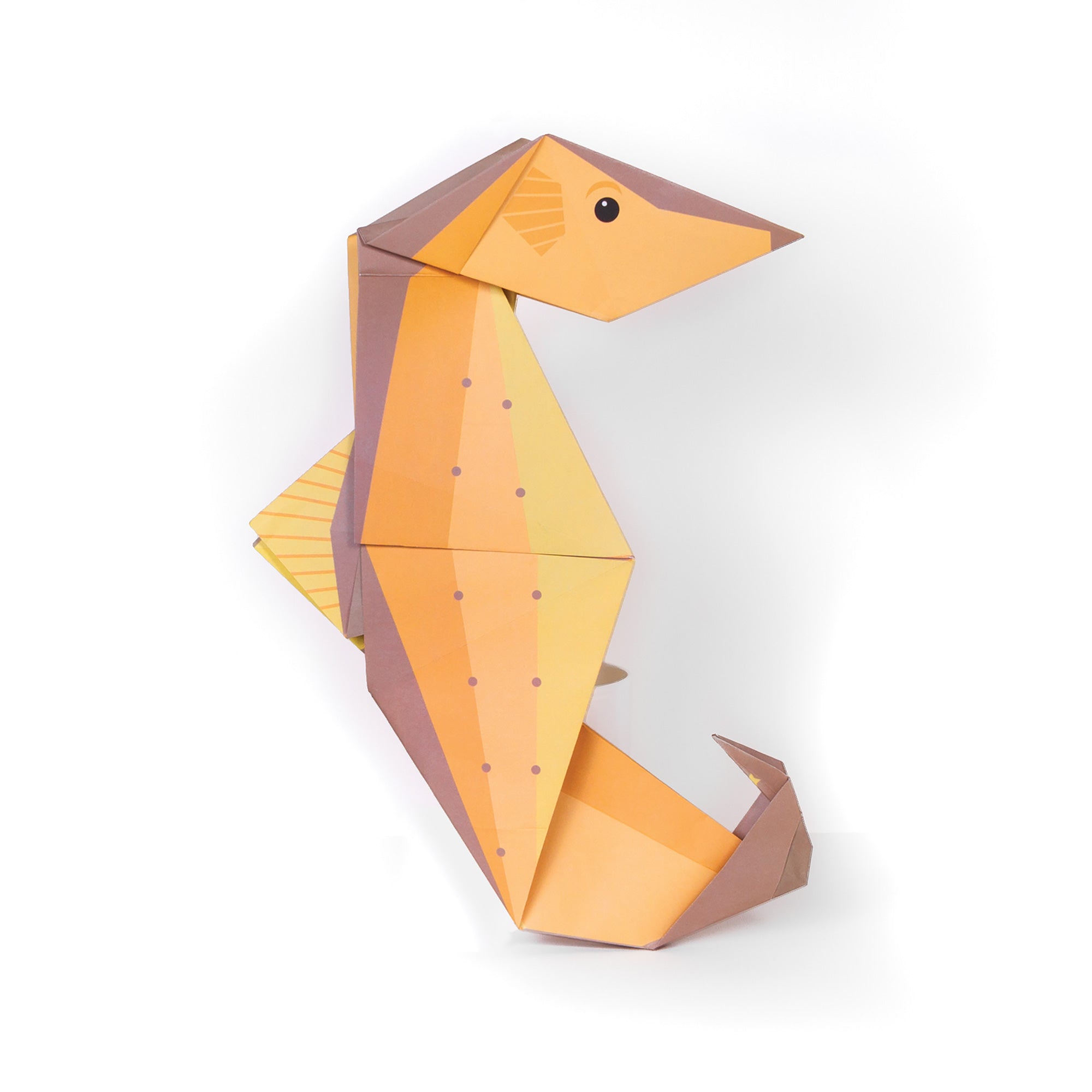 Seahorse origami figure on white background