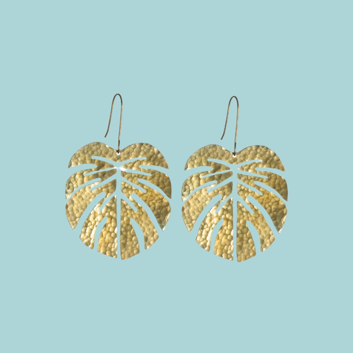 Hammered Brass Tropical Leaf Earrings Large