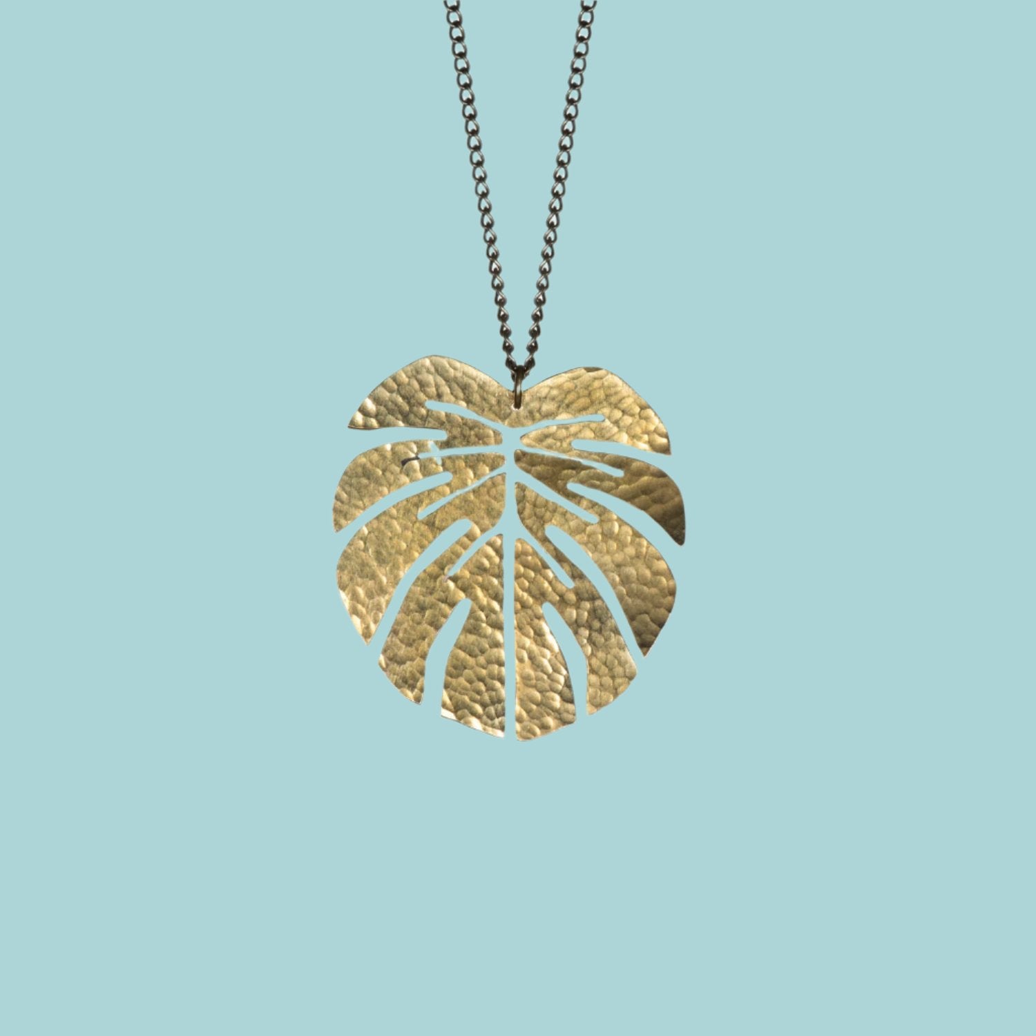 Hammered Brass Tropical Leaf Pendant Large