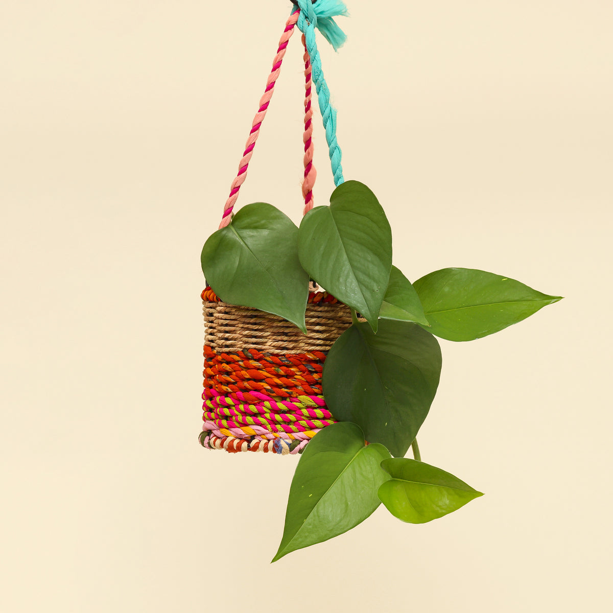 Munja and Reclaimed Fabric Eco Hanging Planter – Medium