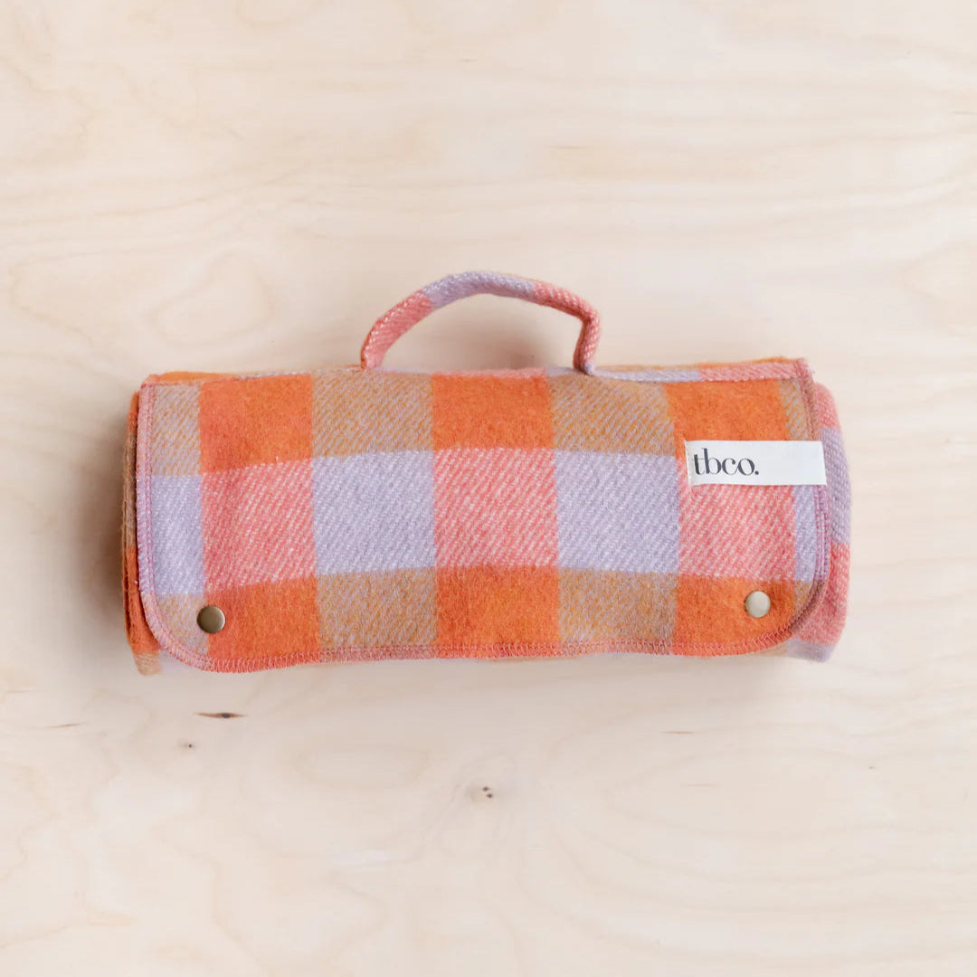 Recycled Wool Small Picnic Blanket in Orange Gingham