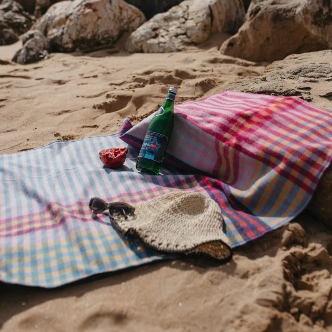 Recycled Wool Small Picnic Blanket in Pink Micro Gingham