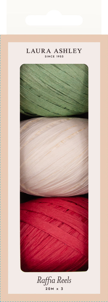 Laura Ashley 3 pack of paper raffia reels in green, cream and red in box