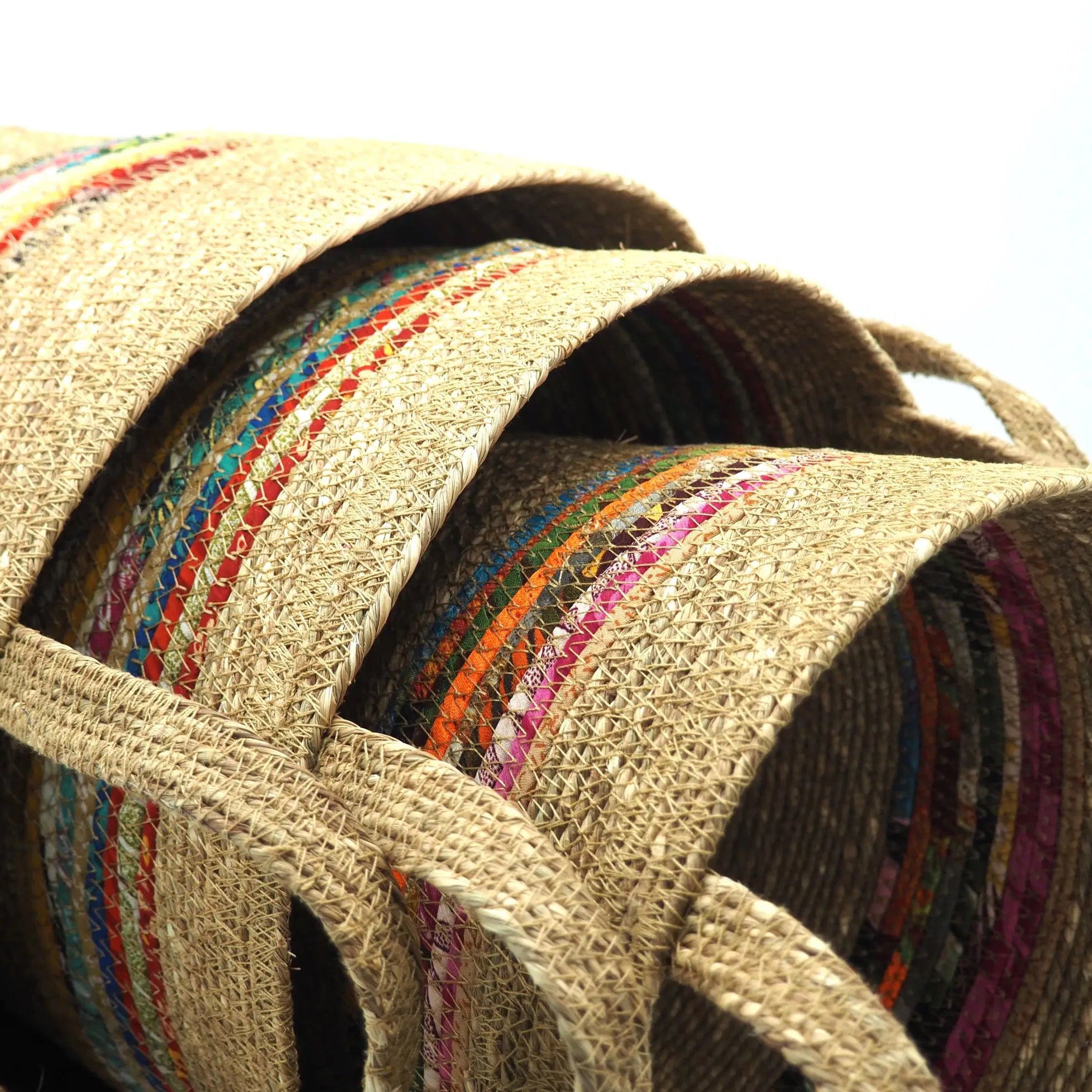 Munja And Reclaimed Fabric Eco Plant Pot Cover With Handles – Set Of 3