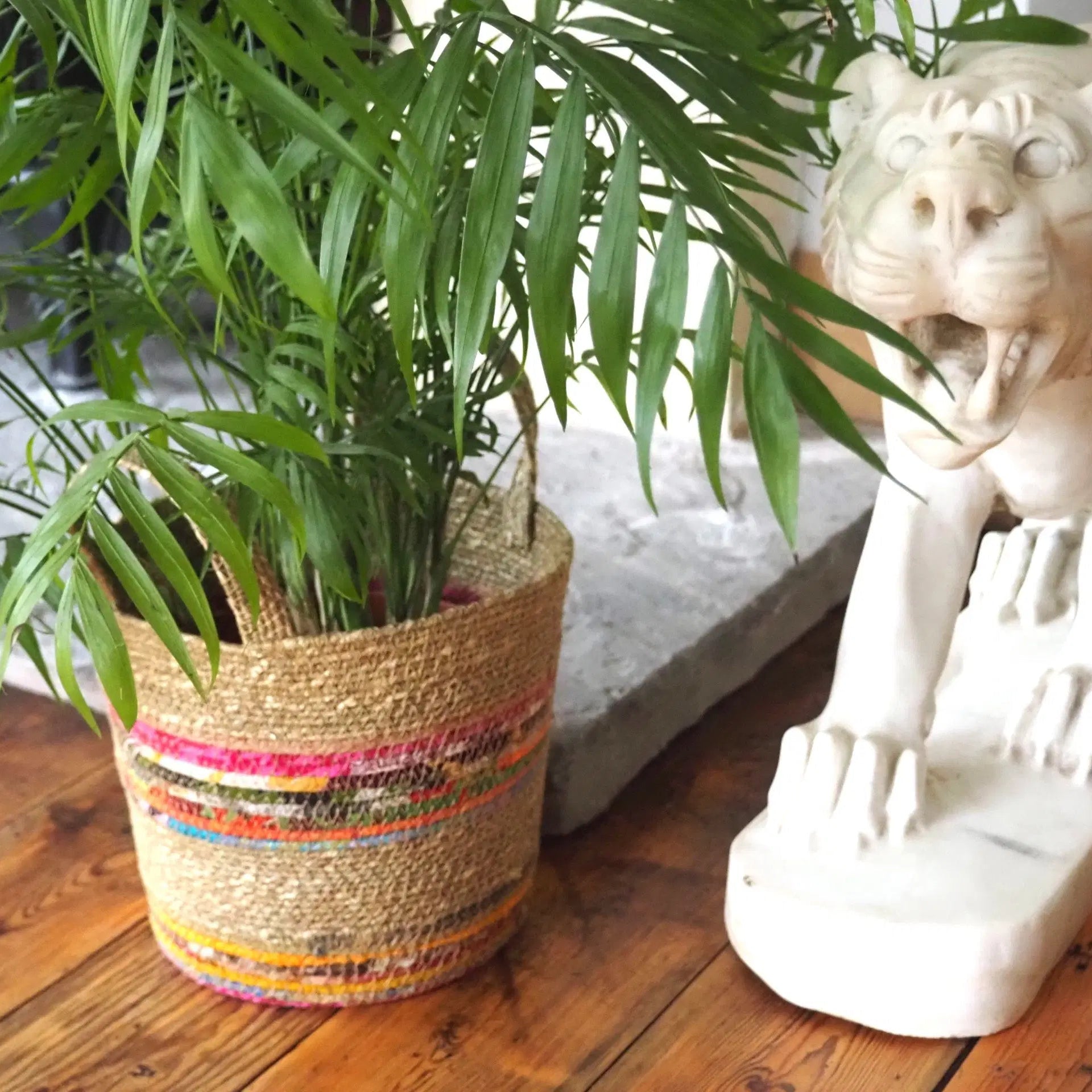 Munja And Reclaimed Fabric Eco Plant Pot Cover With Handles – Set Of 3