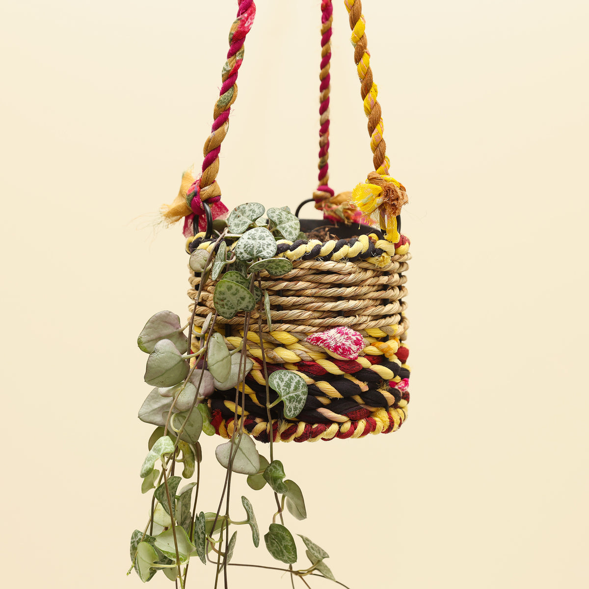 Munja and Reclaimed Fabric Eco Hanging Planter – Small