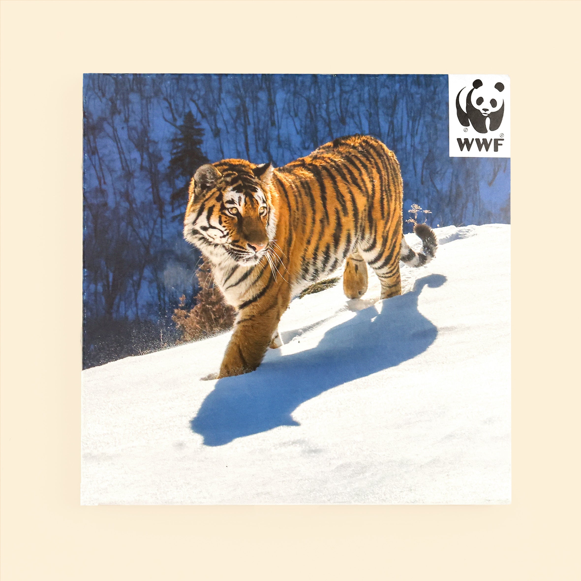 Front of Snowy Tiger Christmas cards box of 10 with WWF logo on cream surface