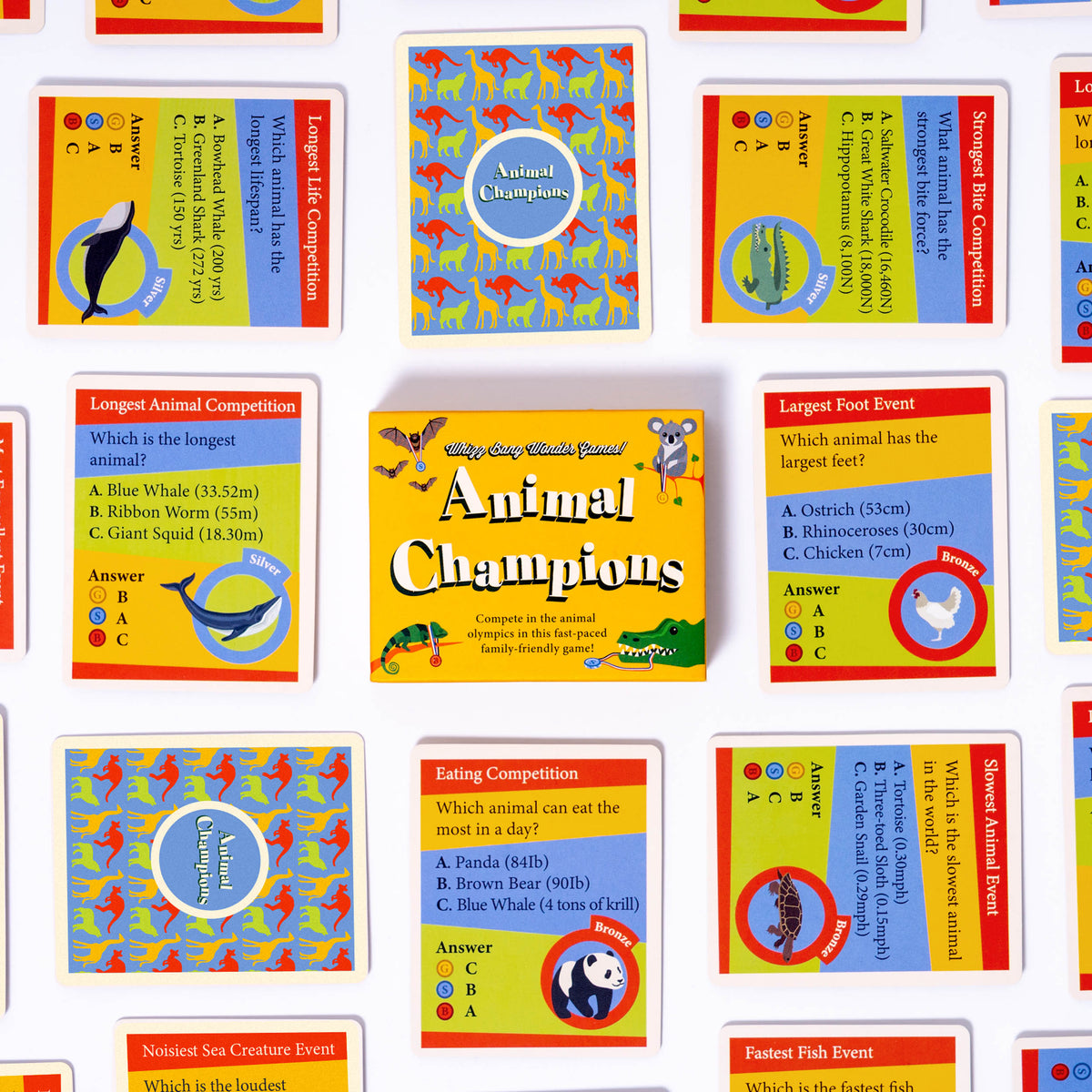 Animal Champions Card Game box with cards laying next to it on white background