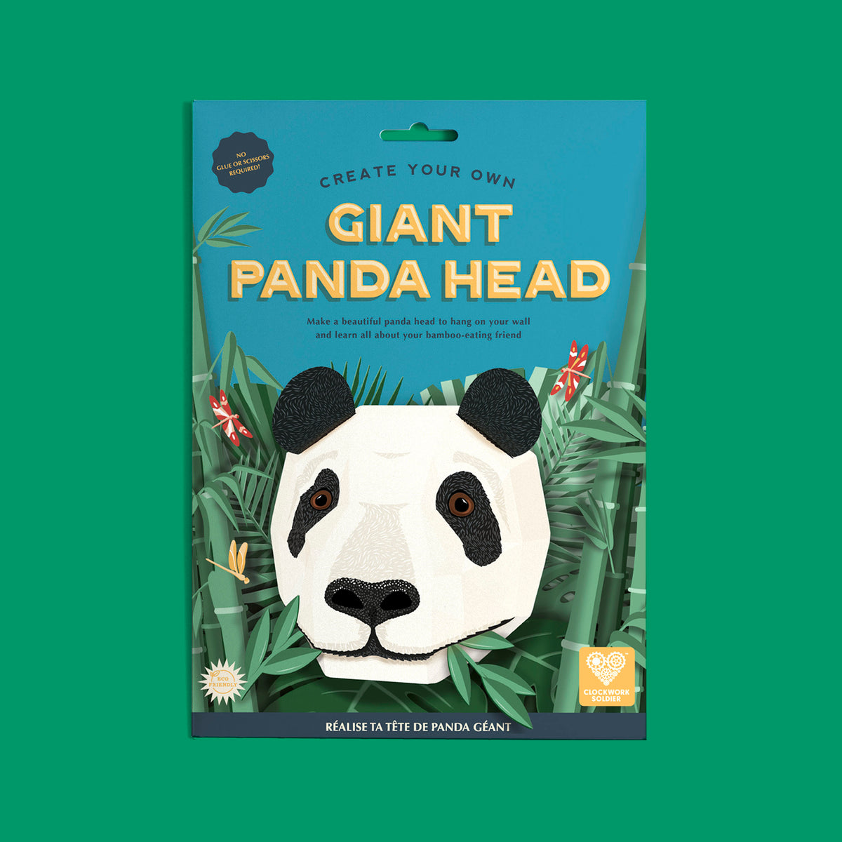 Giant panda head flat pack on green surface