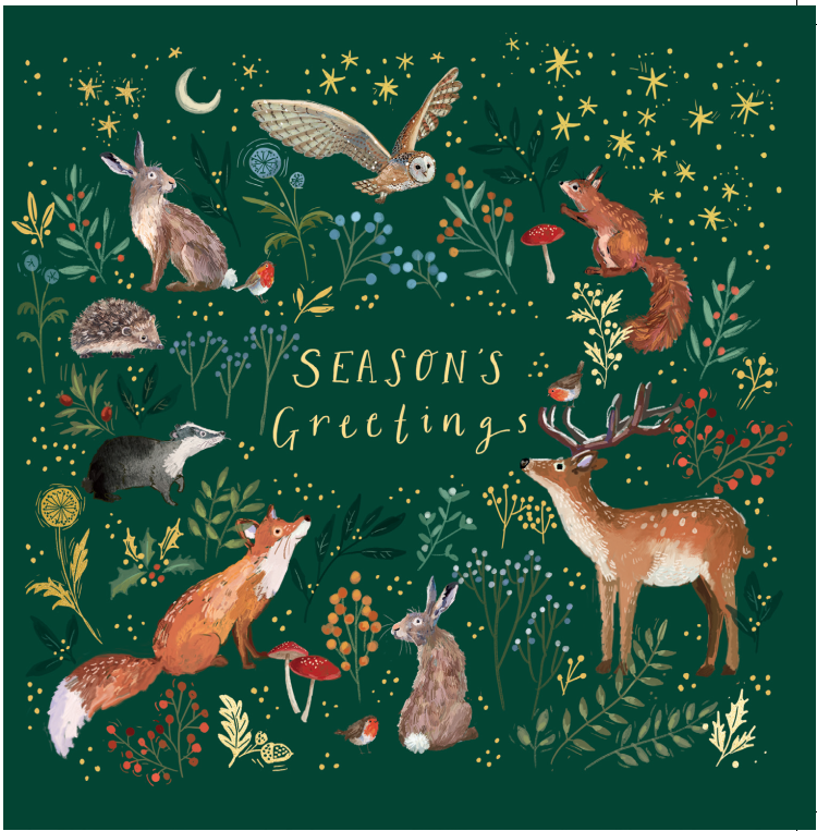 Close up of Woodland Season's Greetings Card design; beautiful illustration of woodlands creatures; Hare, badger, hedgehog, fox, deer, owl, robins and red squirrel with plants, mushrooms, stars and moon on a forest green background circling the words "season's greetings"