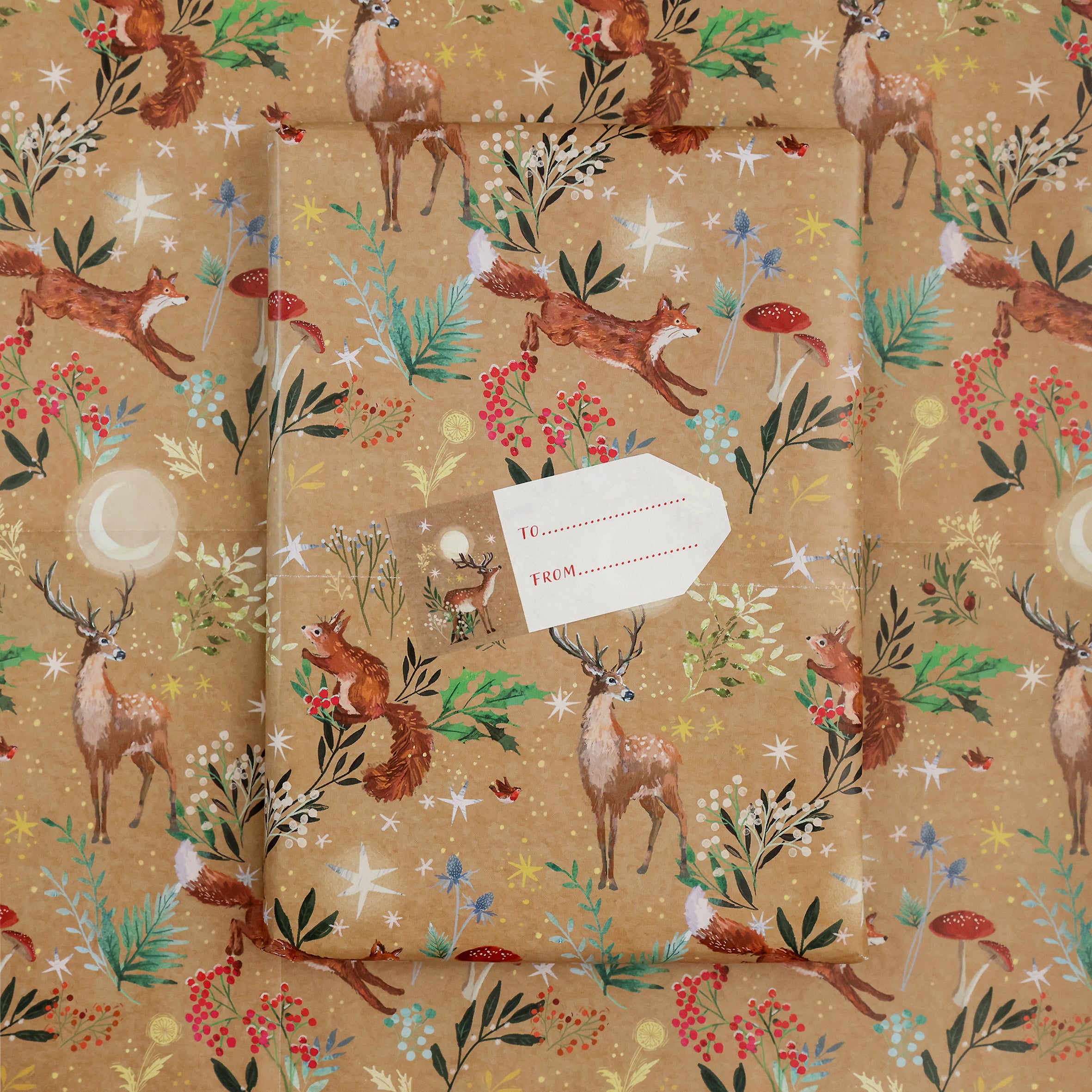 Close up of the craft brown woodlands design wrapped around a gift with matching sticker tag