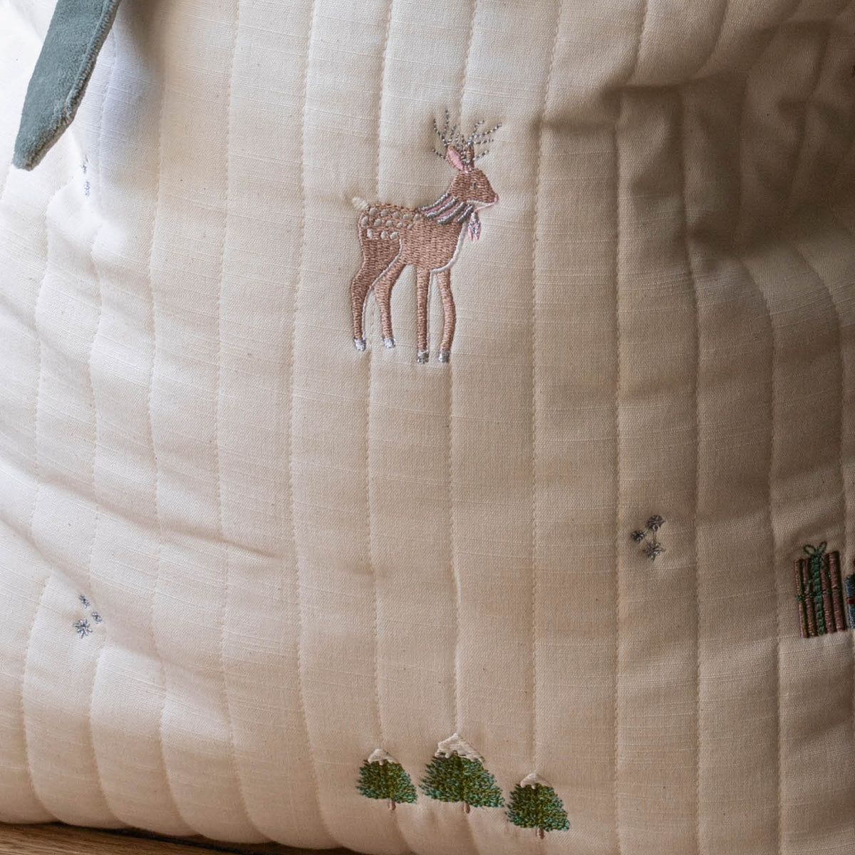 Close up of Reindeer and tree embroidery on present sack