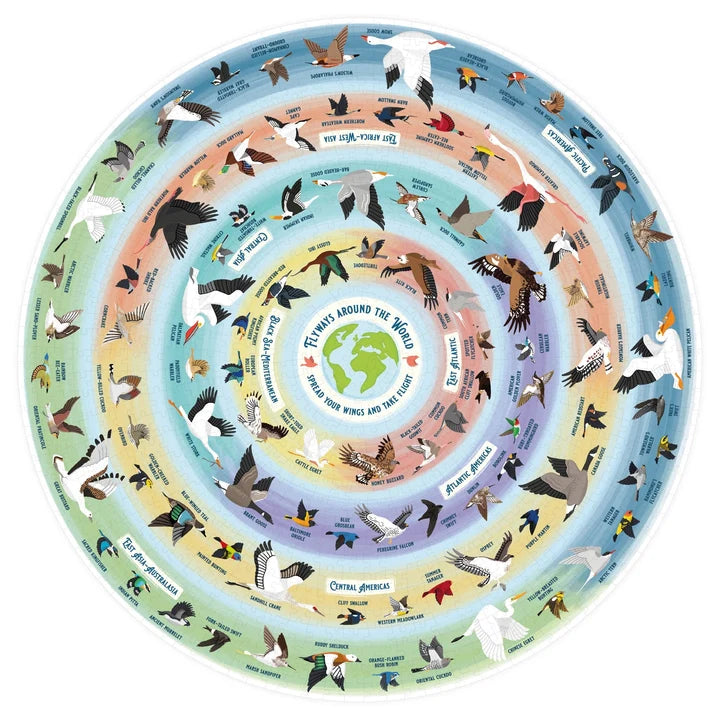 Completed Bird lover's Jigsaw puzzle with illustrated birds and names from all over the world on white background