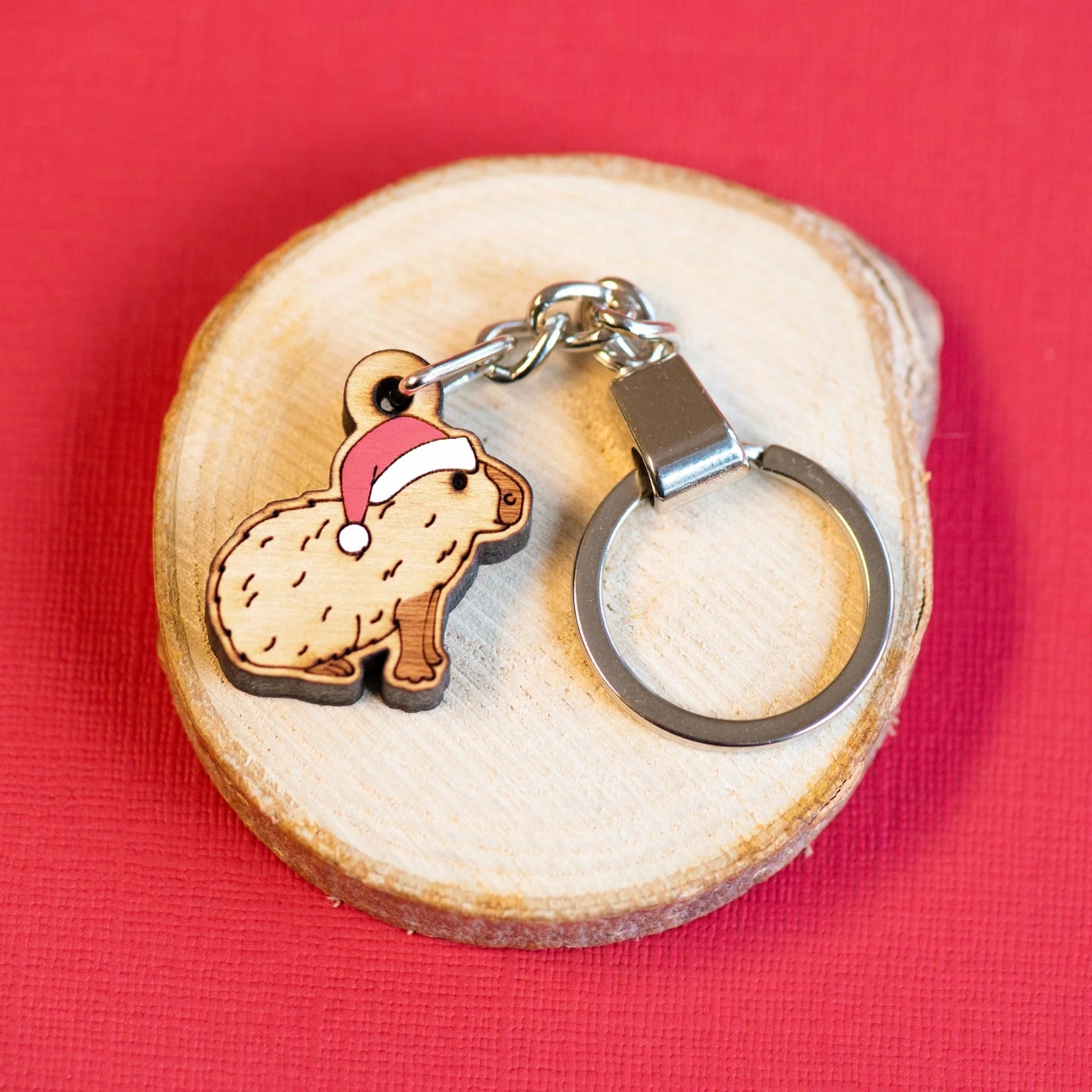 Hand-painted Wooden Keyring - Christmas Capybara