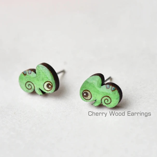 Hand-painted Wooden Earrings - Chameleon