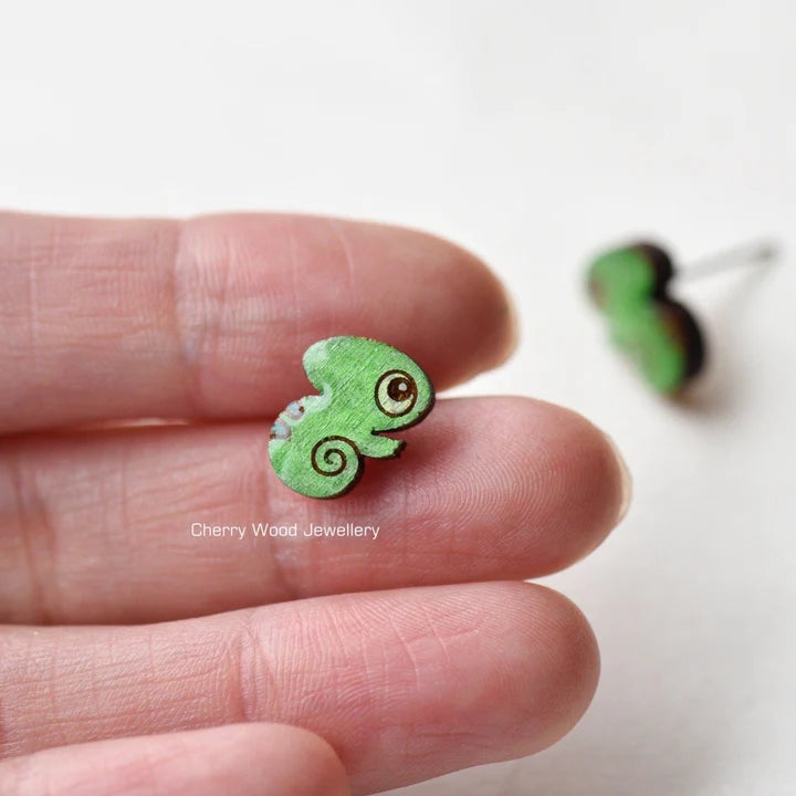 Hand-painted Wooden Earrings - Chameleon