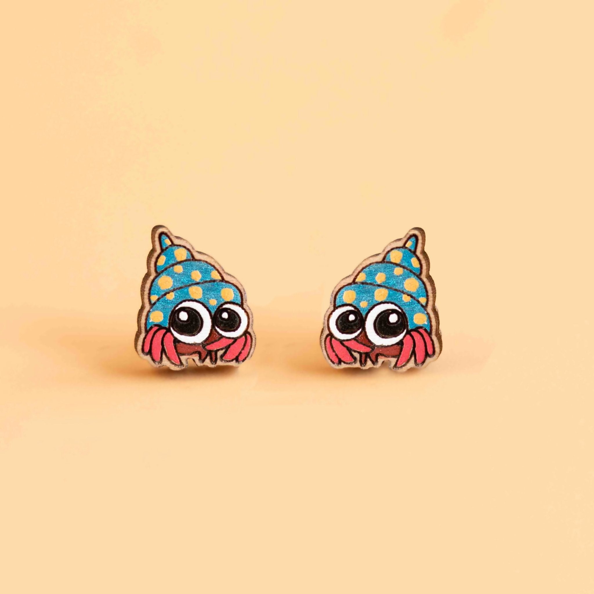 Hand-painted Wooden Earrings - Hermit Crab