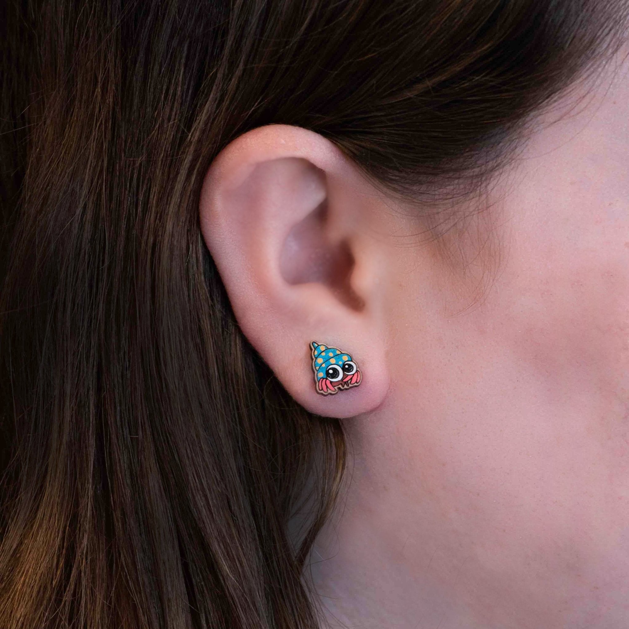 Hand-painted Wooden Earrings - Hermit Crab
