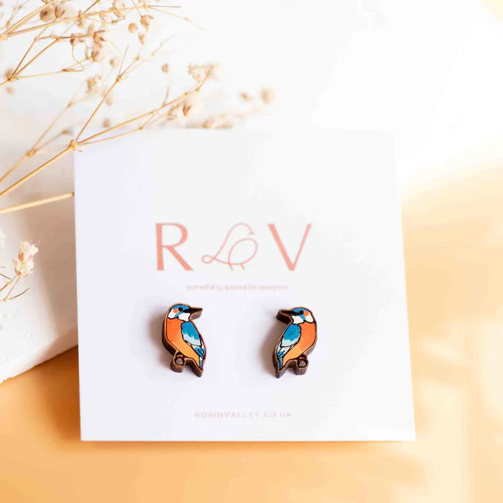 Hand-painted Wooden Earrings - Kingfisher