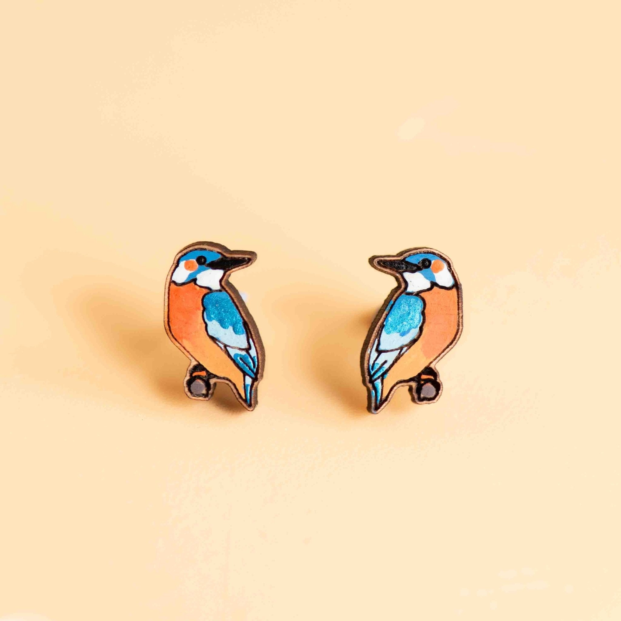 Hand-painted Wooden Earrings - Kingfisher