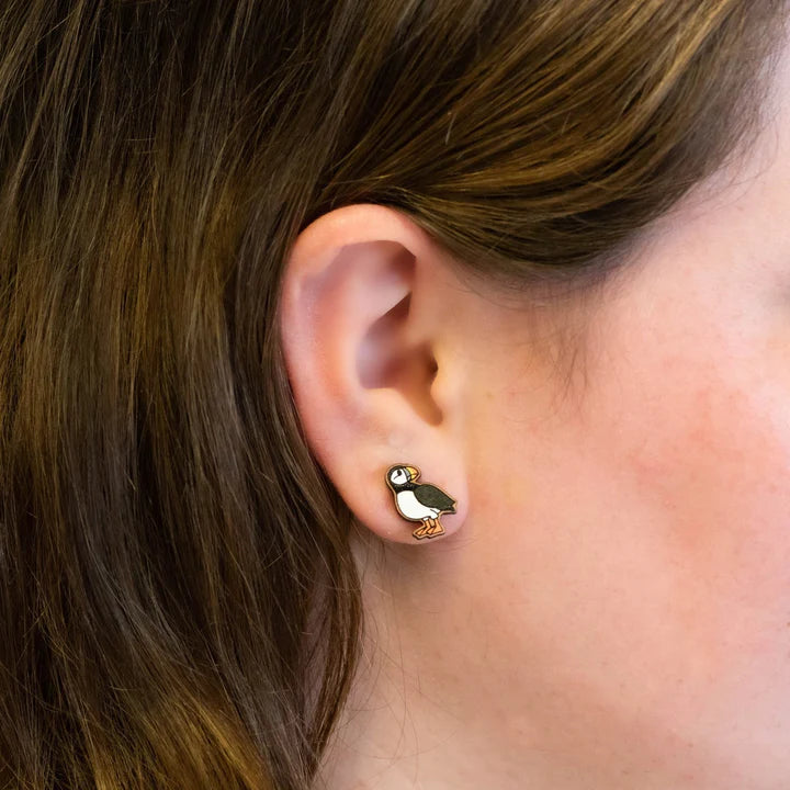 Hand-painted Wooden Earrings- Puffin