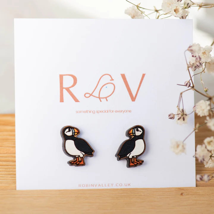 Hand-painted Wooden Earrings- Puffin