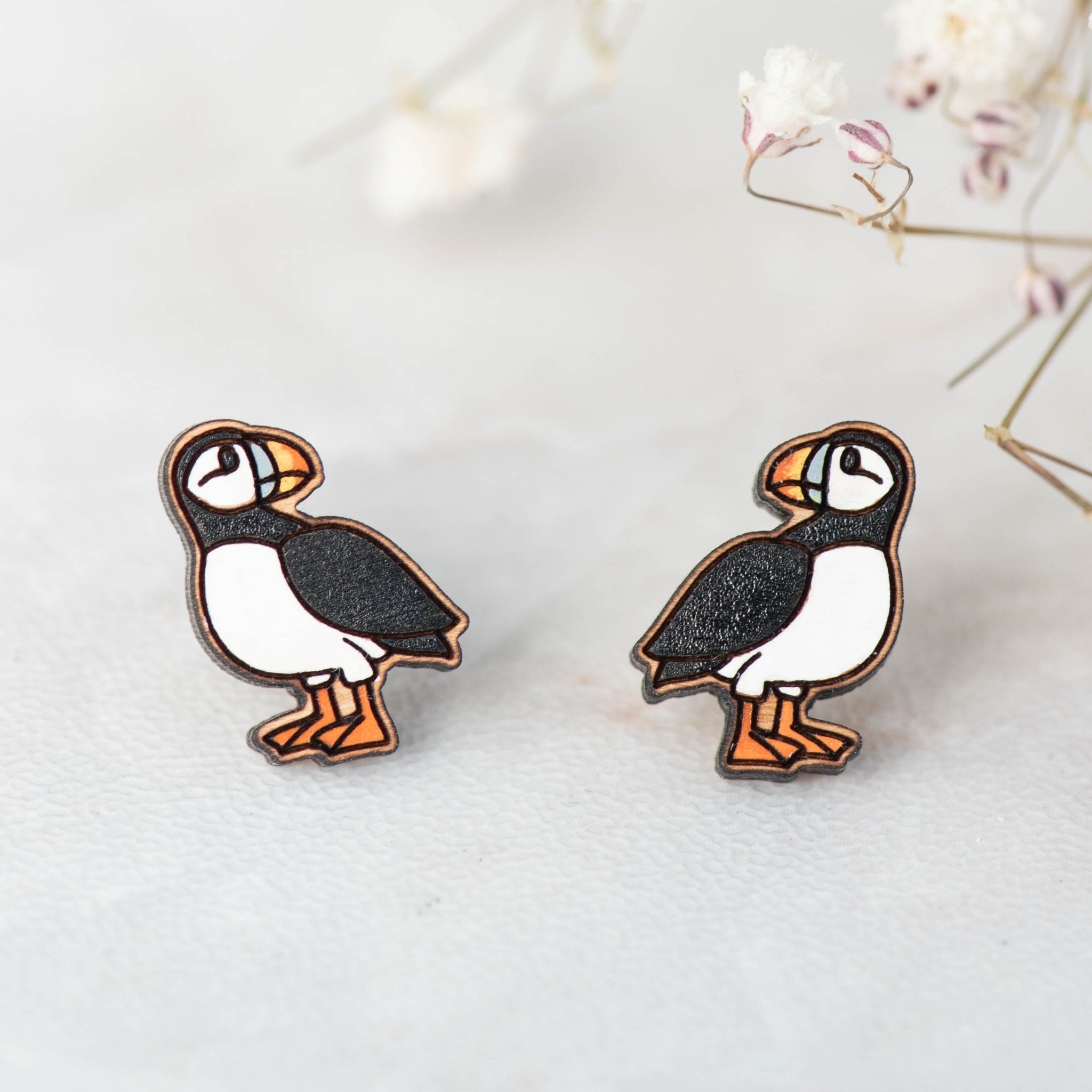 Hand-painted Wooden Earrings- Puffin