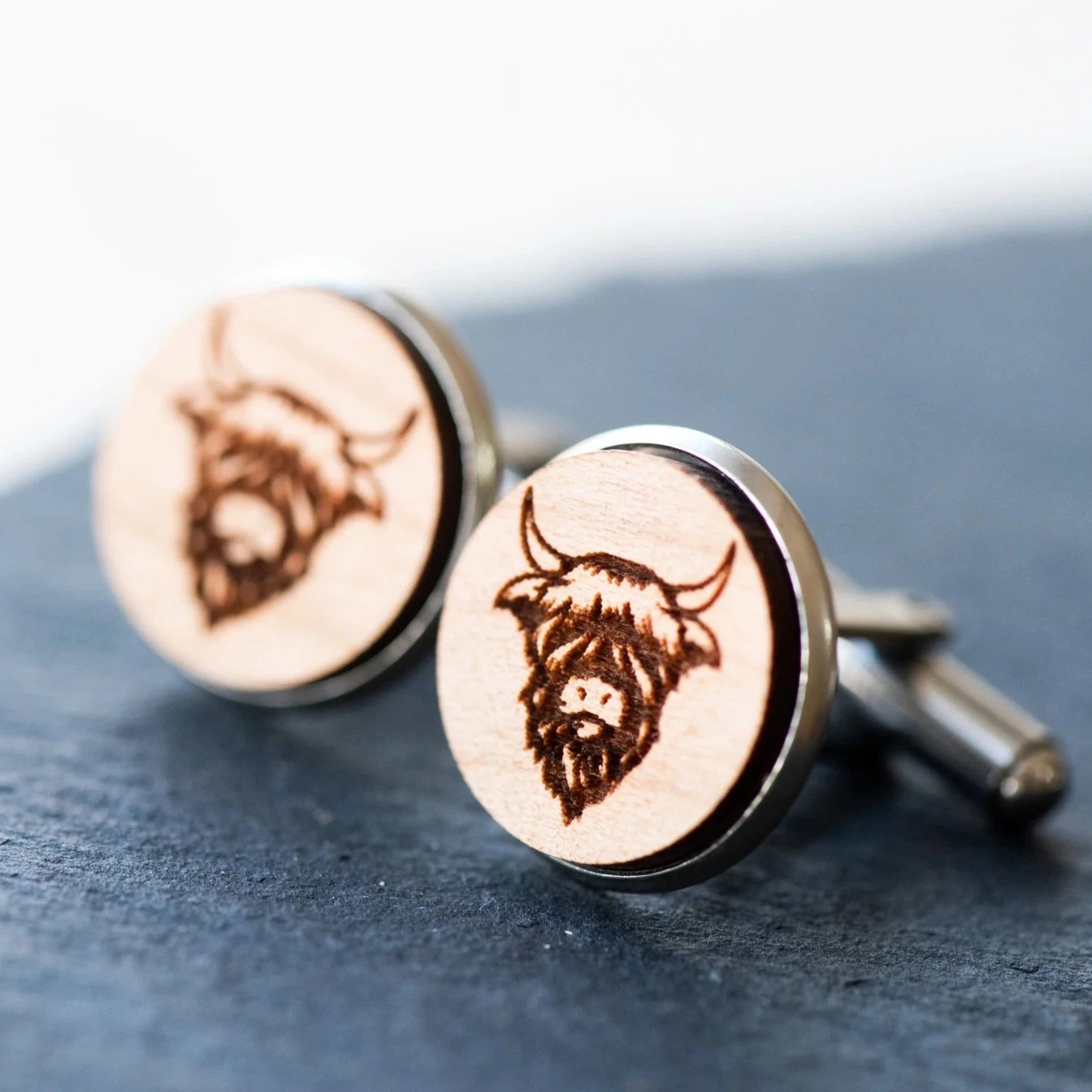 Cherry Wood Cufflinks - Highland Cow