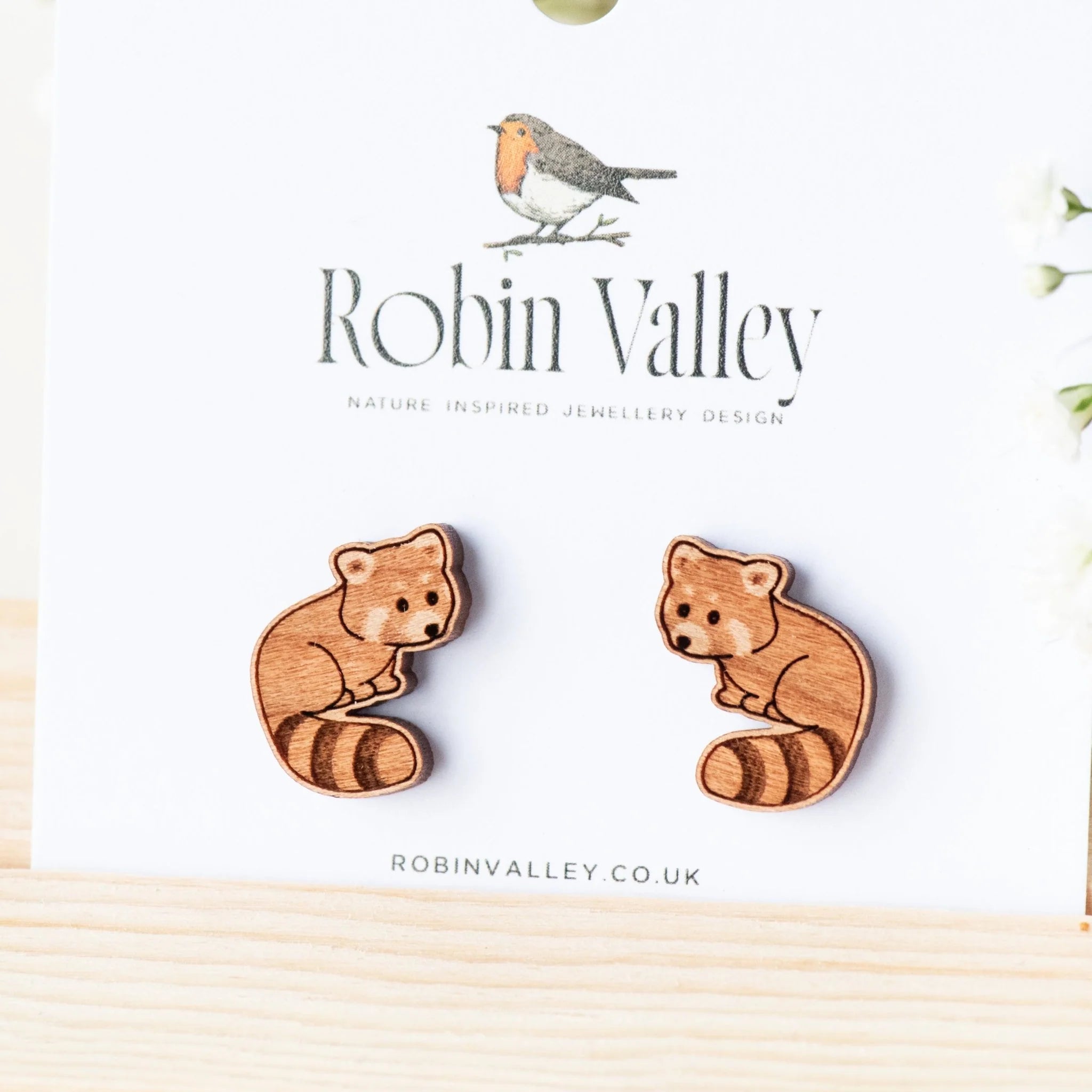 Wooden Stud Earrings - Red Panda