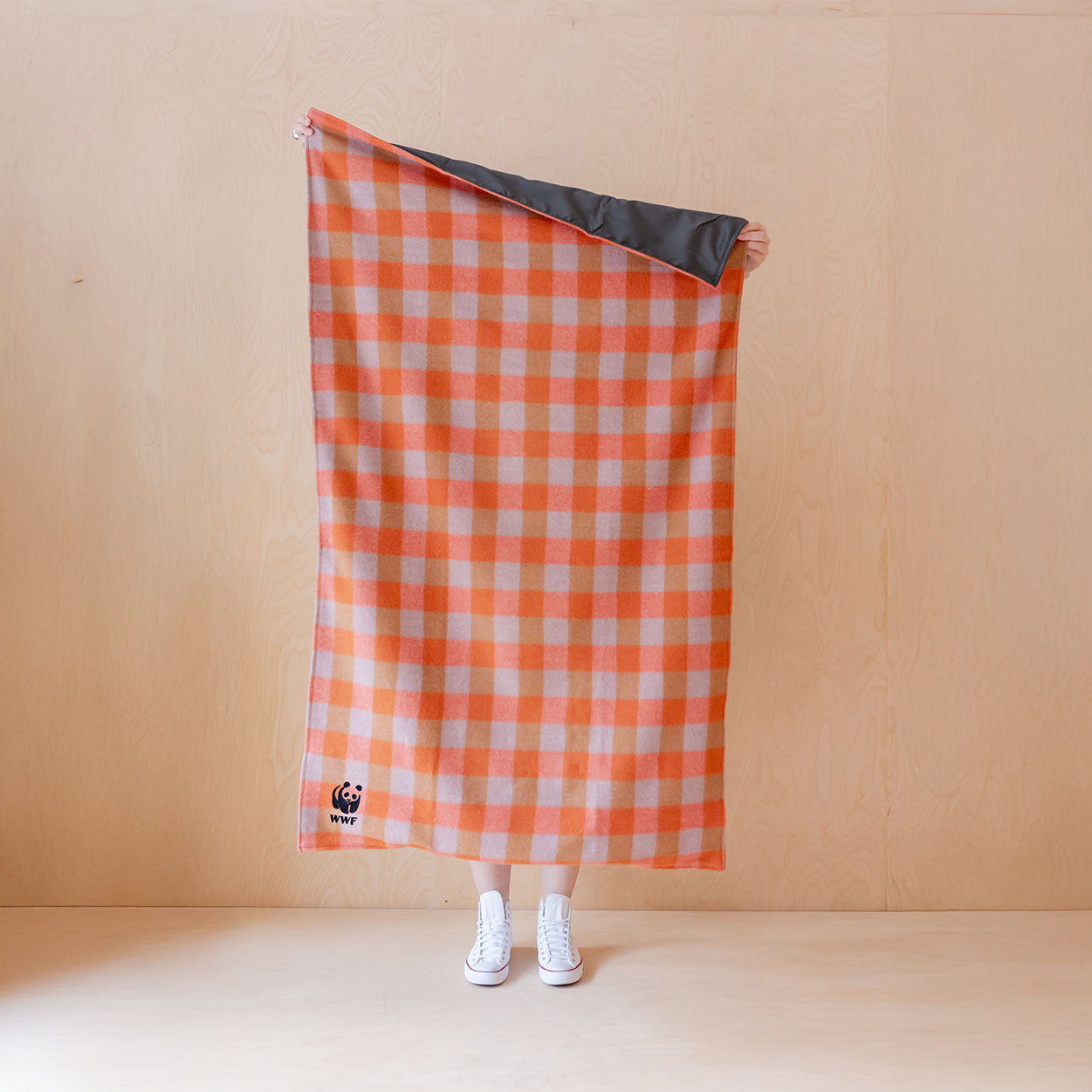 Recycled Wool Small Picnic Blanket in Orange Gingham