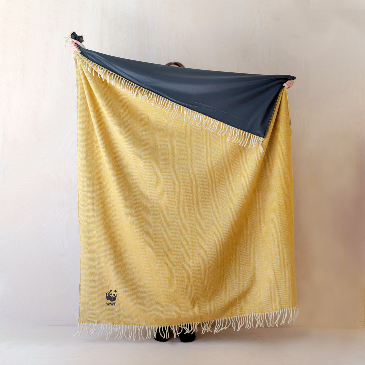 Recycled Wool Large Picnic Blanket - Mustard Herringbone
