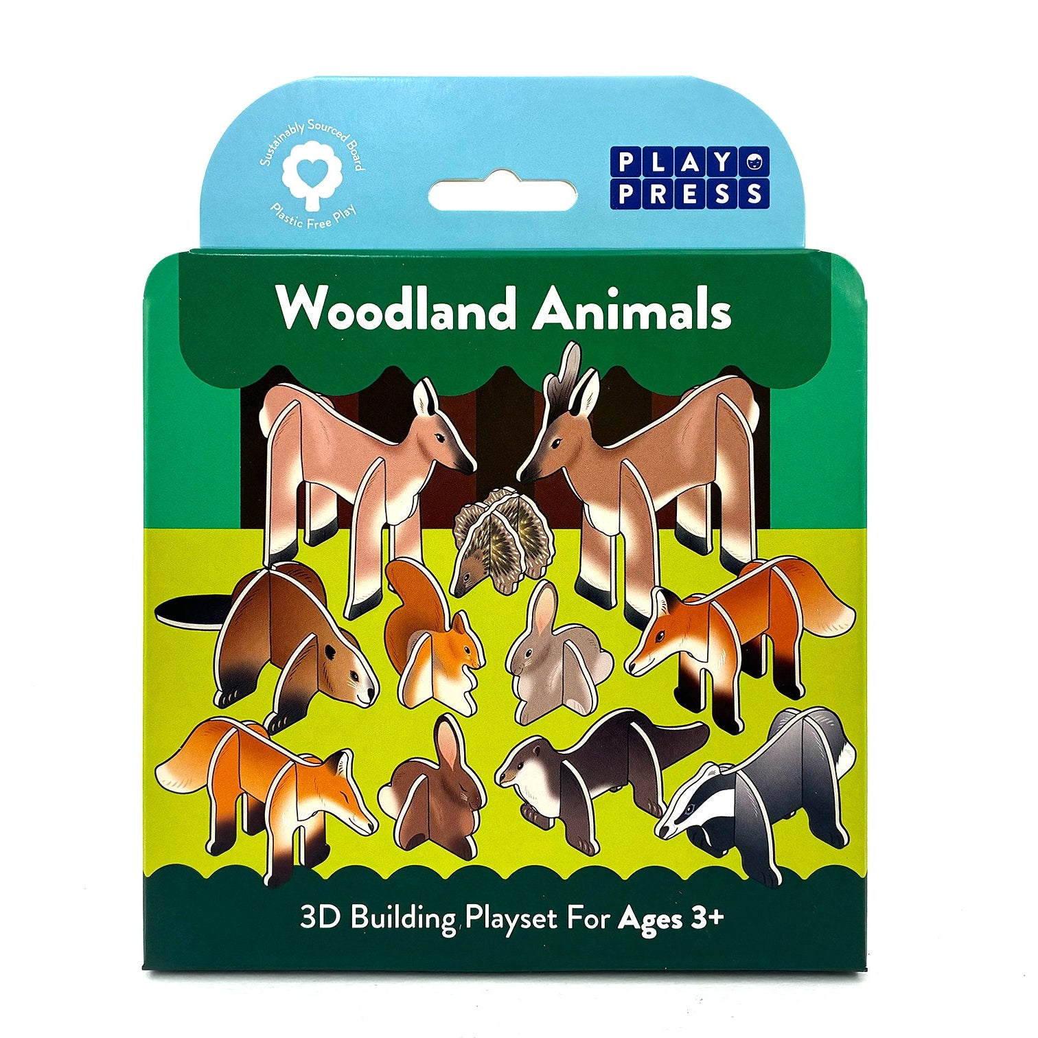 Front of flat pack woodlands pop-out and build 3D set, showing the woodlands animals illustrated on front