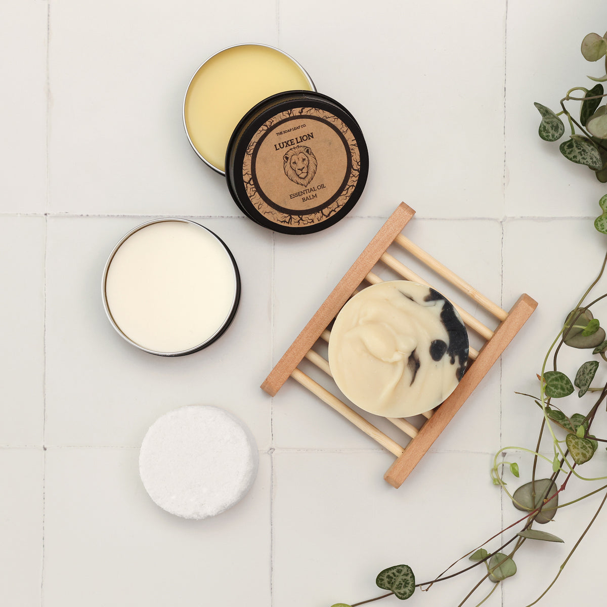 Close up of the soap bar, shower steamer, deodorant and face balms from above in tiled white bathroom with plant.