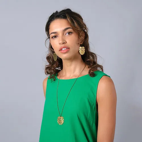 Hammered Brass Tropical Leaf Earrings and Pendant Set