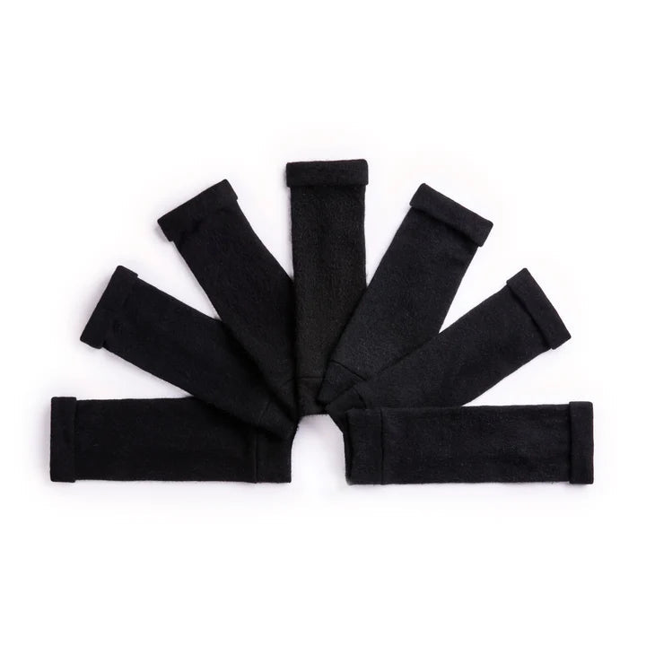Black fingerless cashmere gloves laid out on white surface
