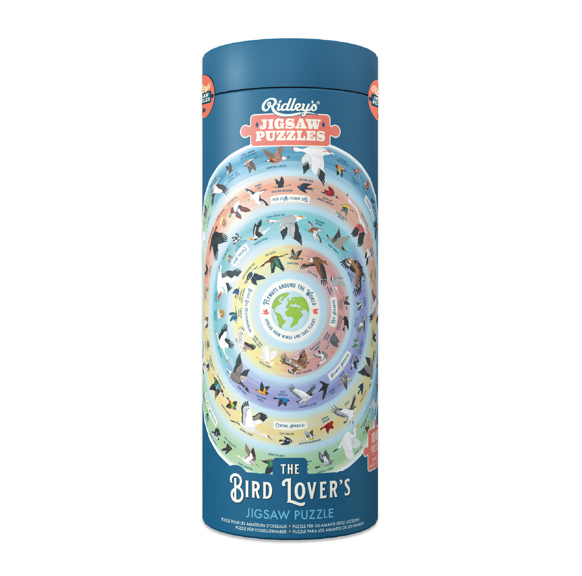 Front of The Bird lover's Jigsaw puzzle tube with illustrated design of different breeds of birds from all over the world on white background