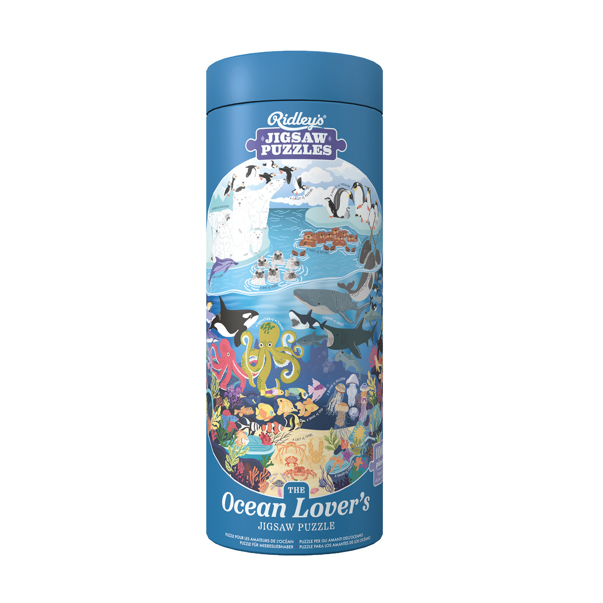 Front of Ocean Lover's Jigsaw Puzzle tube with illustration of ocean design on front against white background
